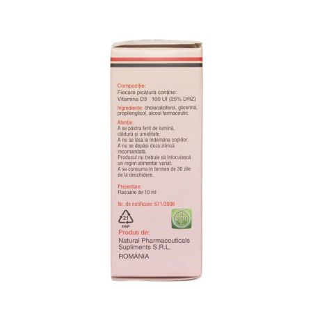Picaturi cu Vitamina D3 Natural, 10 ml, Natural Pharmaceuticals 704616