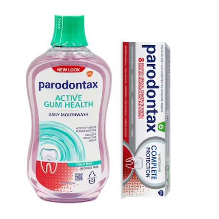 Pachet Pasta de dinti Complete Protection Whitening Parodontax, 75 ml + Apa de gura fara alcool Daily Gum Care Fresh Mint Parodontax, 500 ml, Gsk