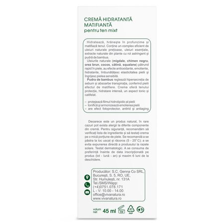 Crema hidratanta matifianta pentru ten mixt, 45 ml, Vivanatura 709877