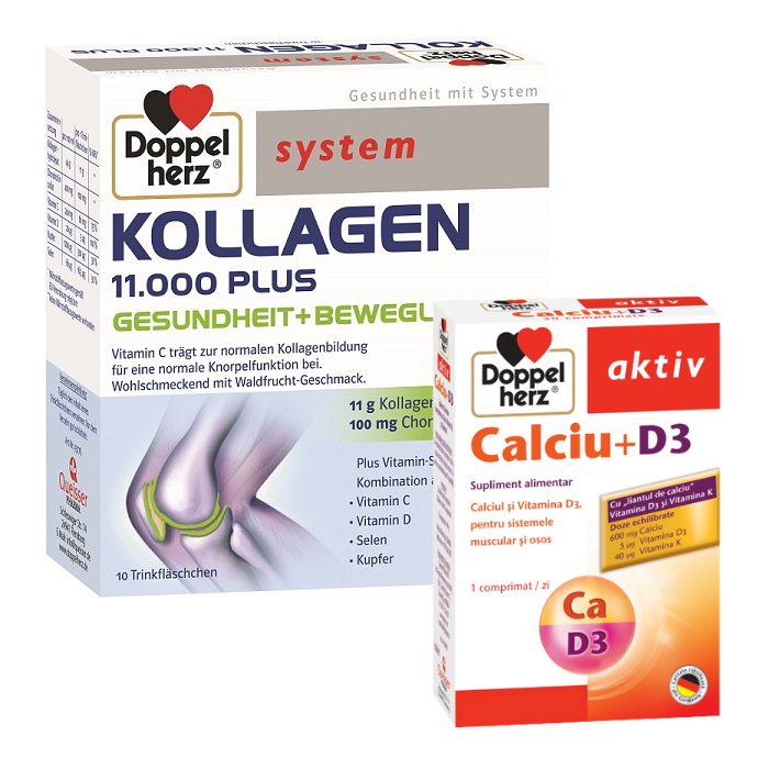 Pachet Kollagen 11.000 plus, 10 flacoane + Claciu + D3, 10 comprimate, Doppelherz