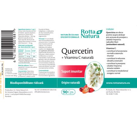 Quercetin + Vitamina C naturala, 90 capsule, Rotta Natura 598195