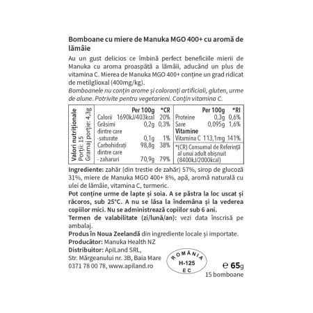 Bomboane cu miere de manuka MGO 400+ si lamaie, 65 g, Manuka Health 691847