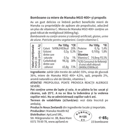 Bomboane cu miere de manuka MGO 400+ si propolis, 65 g, Manuka Health 691841