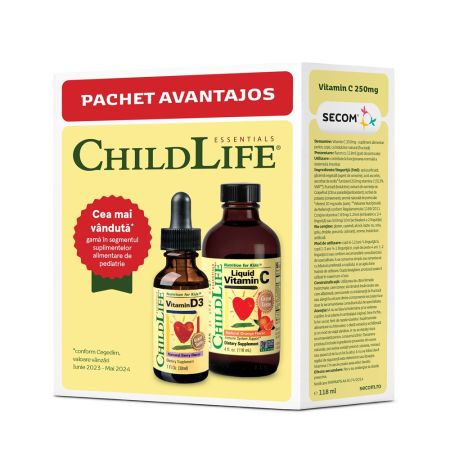 Kit de imunitate pentru copii Vitamin C ChildLife, 118.5 ml + Vitamin D3 ChildLife, 29.60 ml, Secom