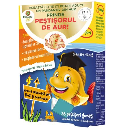 Pestisori gumati cu Omega-3 si aroma de lamai si portocale, 36 jeleuri, Moller's