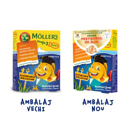 Pestisori gumati cu Omega-3 si aroma de lamaie si portocale, 36 jeleuri, Moller's 654180