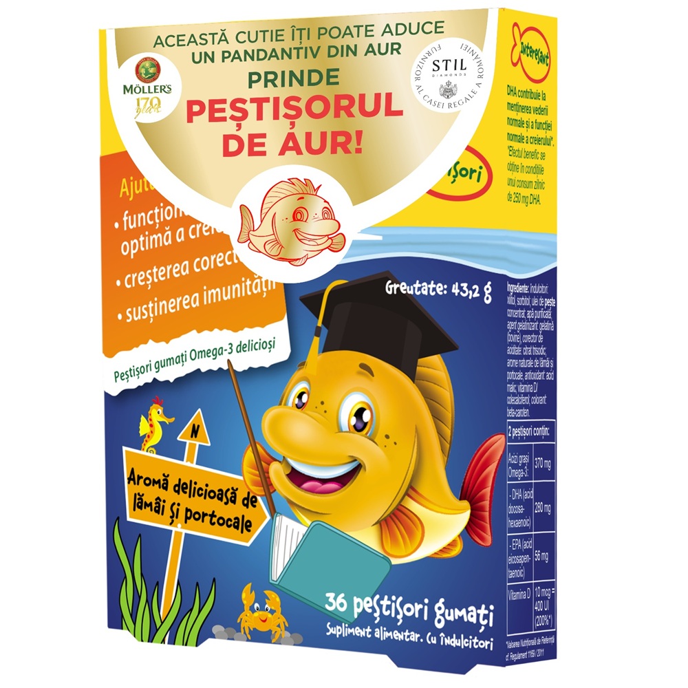 Pestisori gumati cu Omega-3 si aroma de lamaie si portocale, 36 jeleuri, Moller's