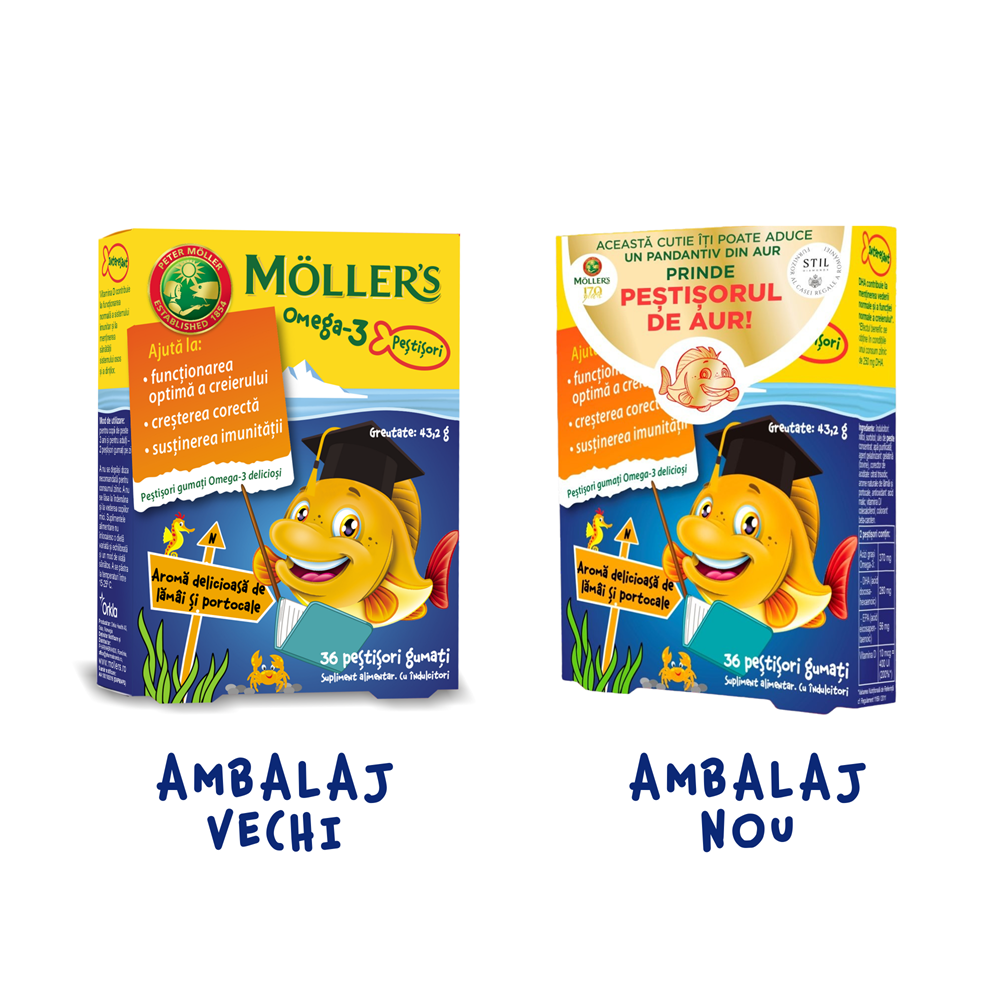 Pestisori gumati cu Omega-3 si aroma de lamai si portocale, 36 jeleuri, Moller's