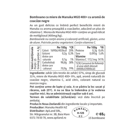 Bomboane cu miere de manuka MGO 400 + si coacaze, 65 g, Manuka Health 691864