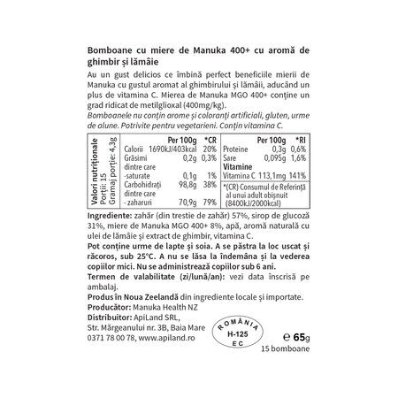 Bomboane cu miere de manuka MGO 400+, lamaie si ghimbir, 65 g, Manuka Health 691871