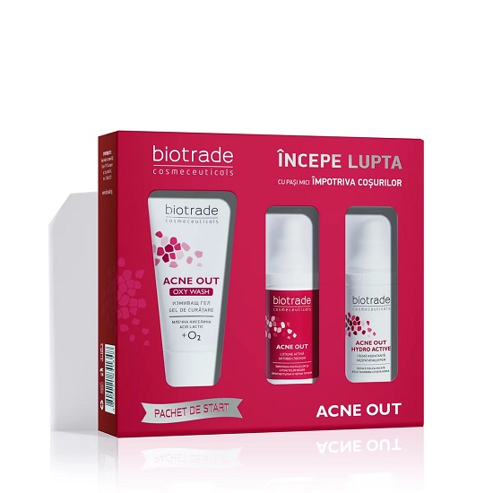 Pachet Acne Out Gel de curatare, 50 ml + Lotiune activa, 20 ml + Crema hidratanta, 20 ml, Biotrade