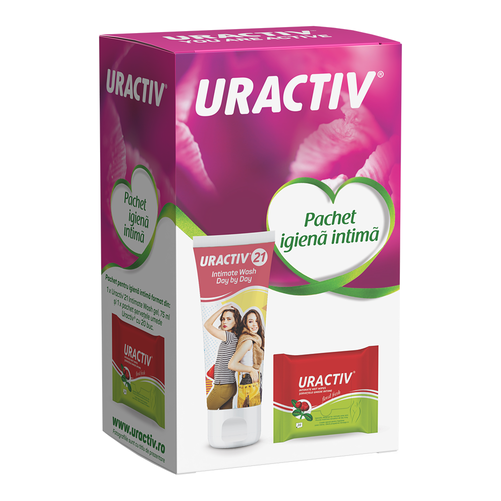 Pachet Uractiv 21 Intimate Wash, 75 ml + servetele umede intime Uractiv, 20 bucati, Terapia