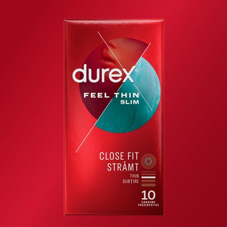 Prezervative Feel Thin Slim Fit, 10 bucati, Durex 606714