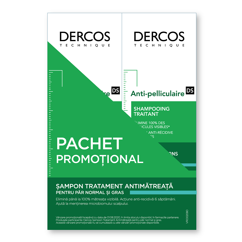 Pachet Sampon anti-matreata pentru par normal-gras Dercos, 200 ml + 200 ml, Vichy