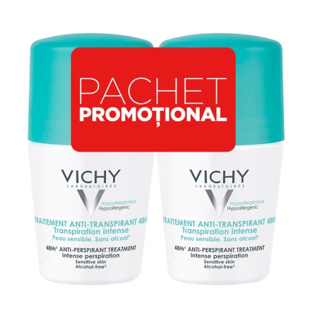 Pachet Deodorant roll-on antiperspirant cu parfum 48h, 50 ml + 50 ml, Vichy