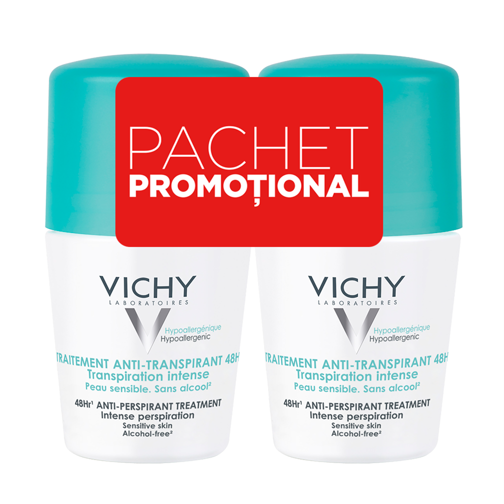 Pachet Deodorant roll-on antiperspirant cu parfum 48H, 50 ml + 50 ml, Vichy