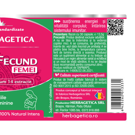 SuperFecund Femei, 30 capsule, Herbagetica 688936