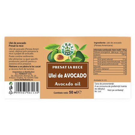 Ulei de avocado, 50 ml, Herbavit 705371