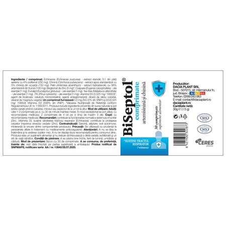 Biseptol cu artemisinina si chinina, 30 comprimate, Dacia Plant 729276
