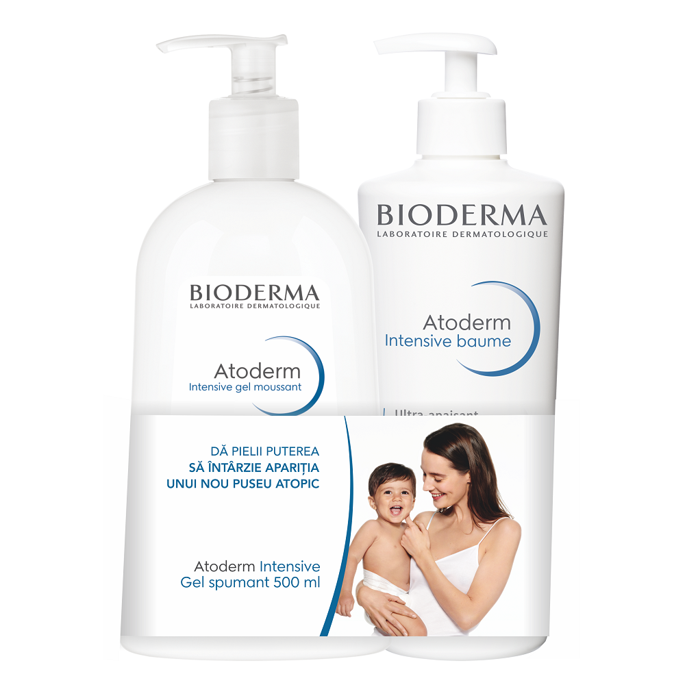 Pachet Gel spumant Atoderm Intensive,500 ml + Balsam restructurant si calmant Atoderm Intensive, 500 ml, Bioderma