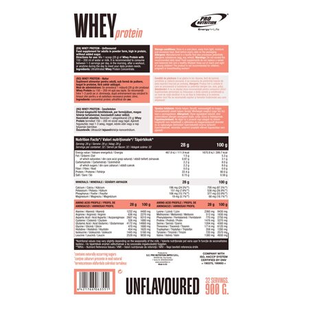 Pudra proteica fara aroma WPI, 900 g, Pro Nutrition 731566