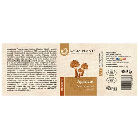 Agaricus, 60 comprimate, Dacia Plant 737311