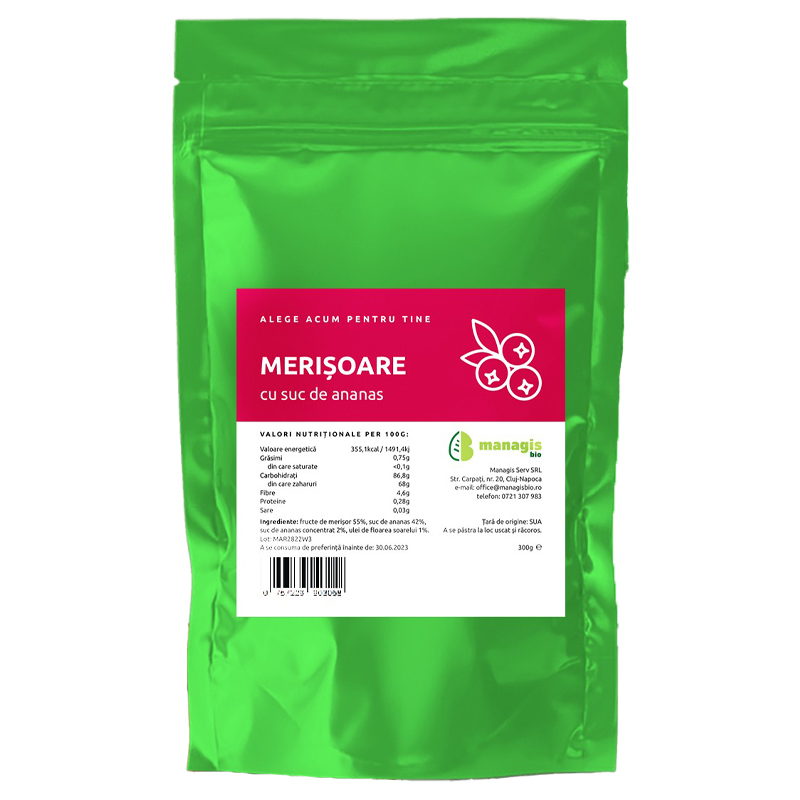 Merisoare in suc de ananas, 200 g, Managis