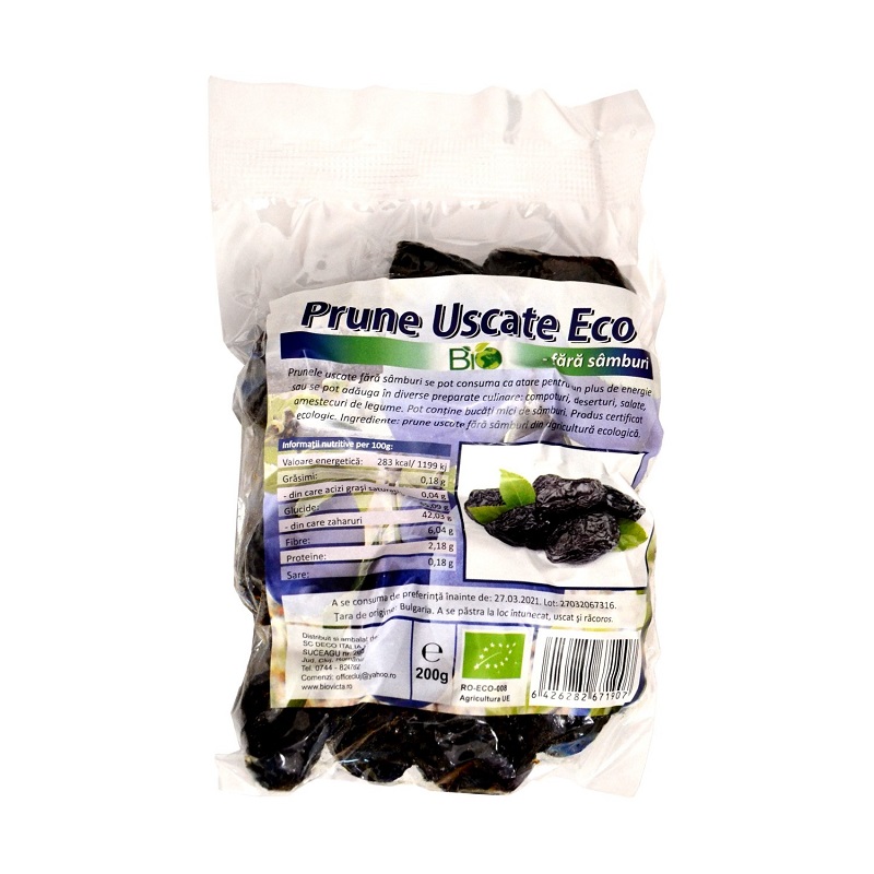 Prune bio uscate fara samburi, 200 g, Managis