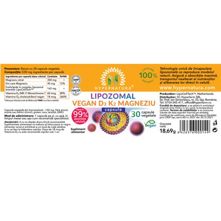 Lipozomal Vitamina D3 + K2 + Magneziu, 30 capsule vegetale, Hypernatura 703941