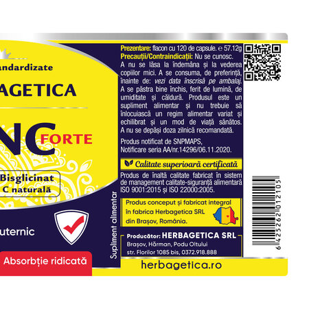 Zinc Forte, 120 capsule, Herbagetica 688984
