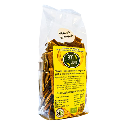 Biscuiti bio integrali cu seminte de floarea soarelui, 200 g, Ecomania