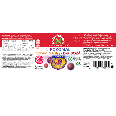 Lipozomal Vitamina B12 + D-Riboza, 60 capsule vegetale, Hypernatura 703917
