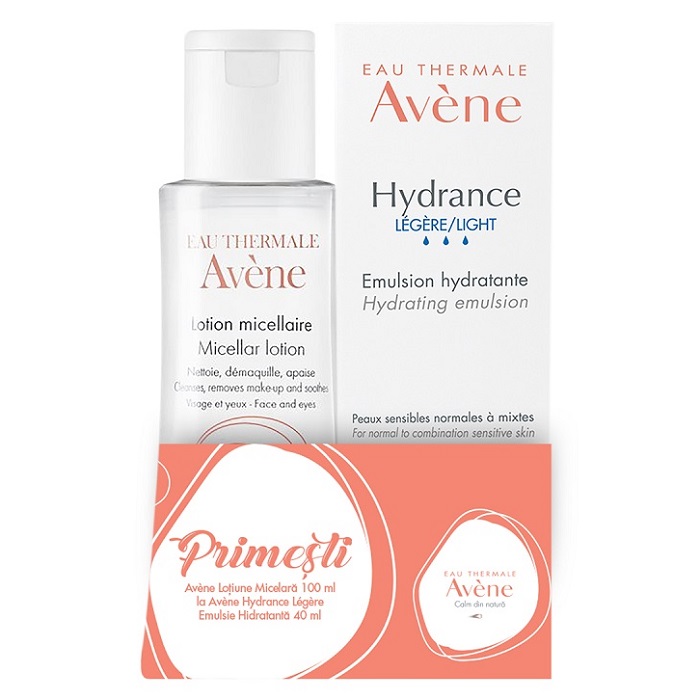 Pachet Emulsie hidratanta pentru ten normal-mixt Hydrance Legere, 40 ml + Lotiune micelara pentru ten sensibil, 100 ml, Avene