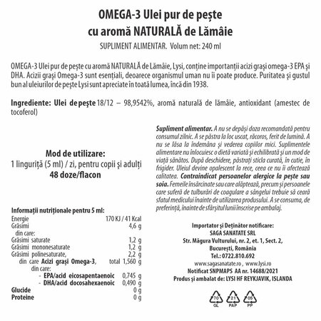 Ulei pur de peste cu aroma naturala de lamaie Omega 3, 240 ml, Lysi 703448
