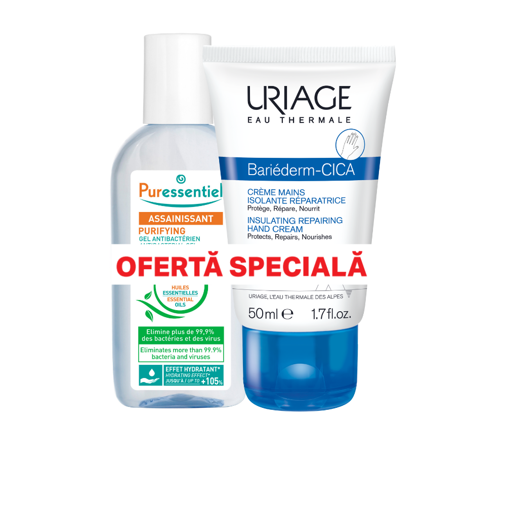 Pachet Crema de maini Bariederm Cica, 50 ml, Uriage + Gel antibacterian de purificare cu 3 uleiuri esentiale, 80 ml, Puressentiel, Puressentiel