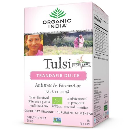 Ceai Tulsi Trandafir Dulce Antistres, 18 plicuri, Organic India 738710