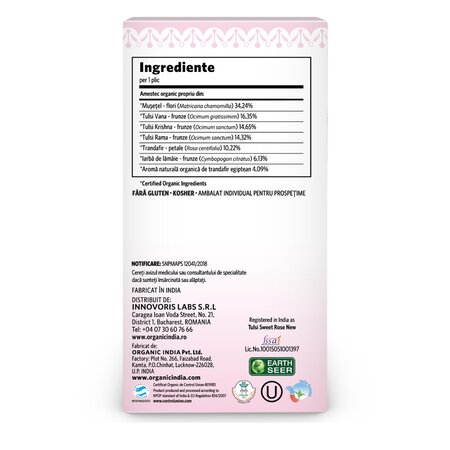 Ceai Tulsi Trandafir Dulce Antistres, 18 plicuri, Organic India 738713