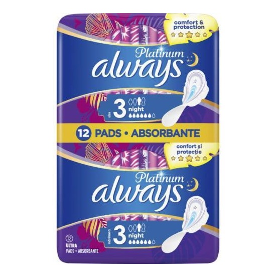 Absorbante Platinum Ultra Night, Marimea 3, 12 bucati, Always