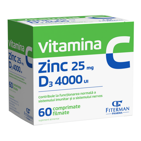 Vitamina C 1000 mg + Zn 25 mg + D3 4000UI, 60 comprimate filmate, Fiterman
