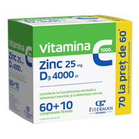 Vitamina C 1000 mg + Zn 25 mg + D3 4000UI, 60 + 10 comprimate filmate, Fiterman
