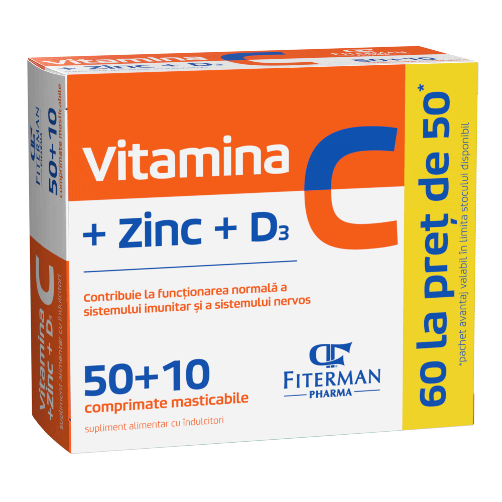 Vitamina C+Zn+D3, 50 + 10 comprimate masticabile, Fiterman