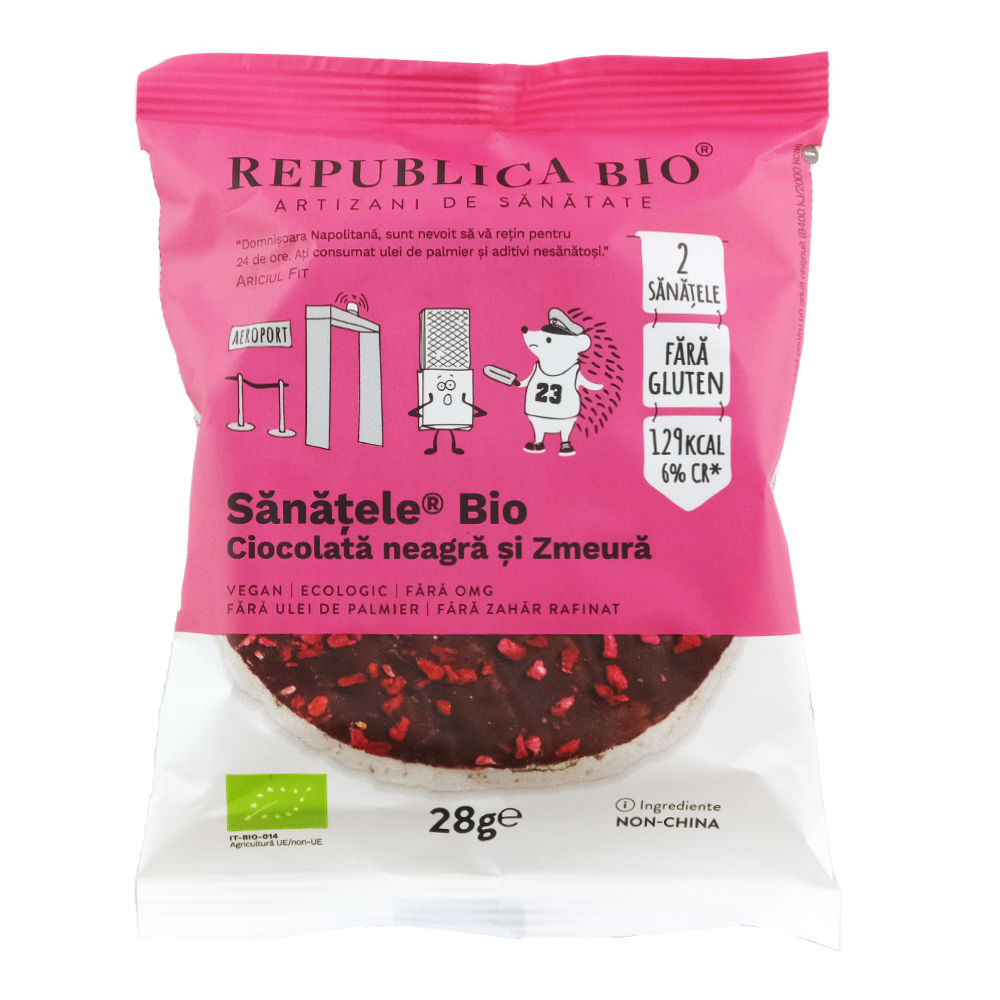 Sanatele Bio cu ciocolata neagra, zmeura si orez brun, fara gluten,, 28 g, Republica Bio