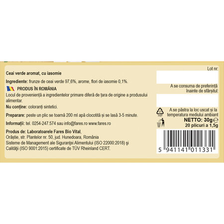 Ceai verde cu iasomie, 20 plicuri, Fares 623869