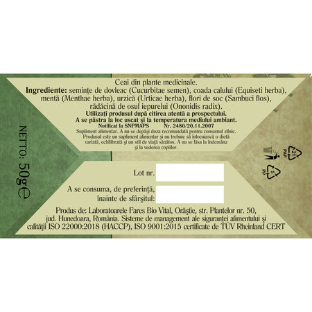 Ceai Prostata si Vezica, G75, 50 g, Fares 624013