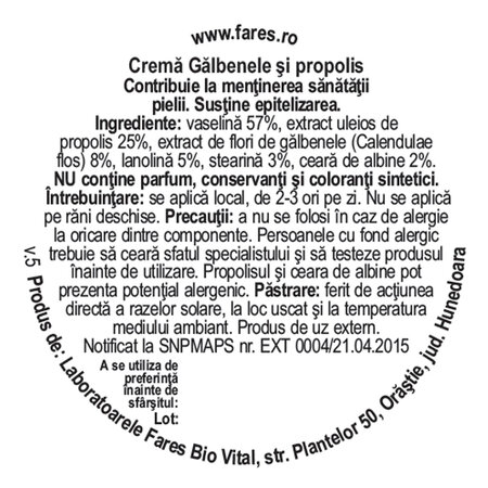 Crema de galbenele si propolis, P117, 20 g, Fares 620834