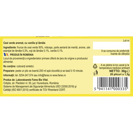 Ceai Verde cu Lamaie si Vanilie, 20 plicuri, Fares 623454