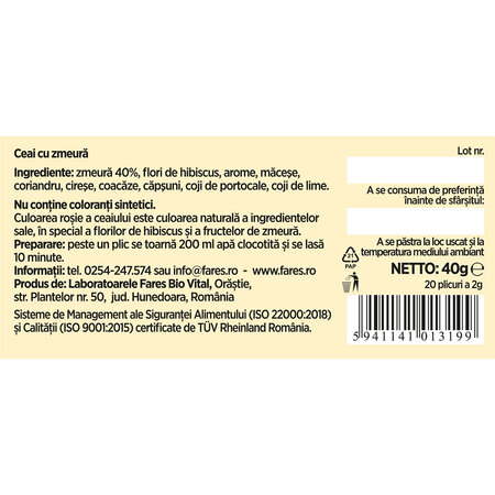 Ceai cu zmeura 40%, 20 plicuri, Fares 604286