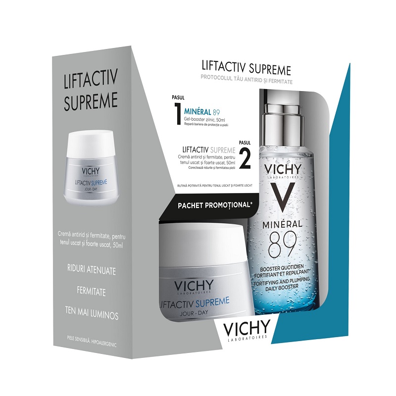 Pachet Crema pentru ten uscat Liftactiv Supreme, 50 ml + Gel-Booster Mineral 89, 50 ml, Vichy