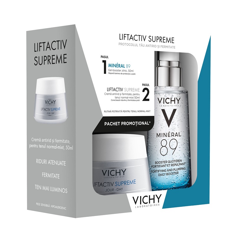 Pachet Crema pentru ten normal-mixt Liftactiv Supreme, 50 ml + Gel-Booster Mineral 89, 50 ml, Vichy