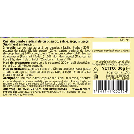 Ceai Hapciu Sudorific, R5, 20 plicuri, Fares 623674